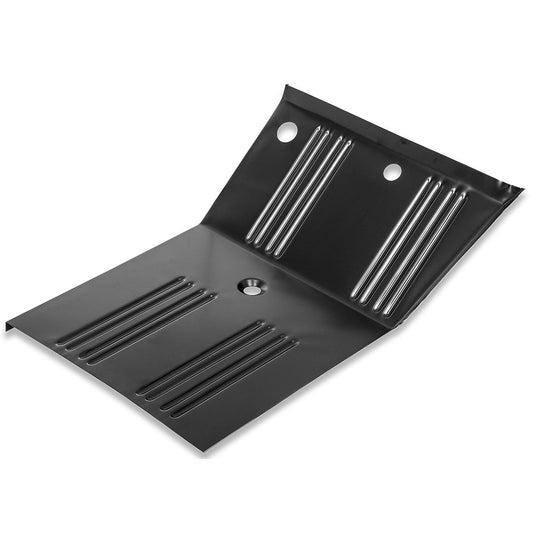 Steel driver front floor pan with bolt holes and textured surface, front view