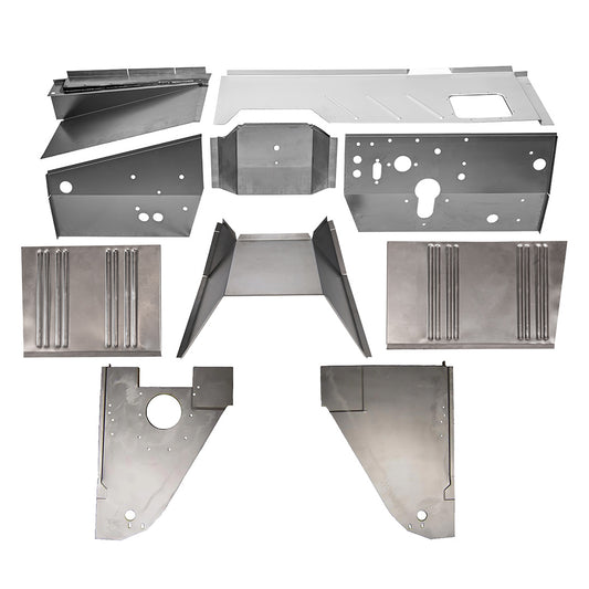 Seven-piece sheet metal kit with firewall and cowl panels, front view