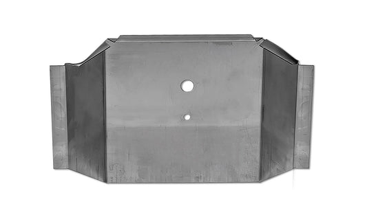 Black metal firewall panel with mounting holes and stamped ridges, front view