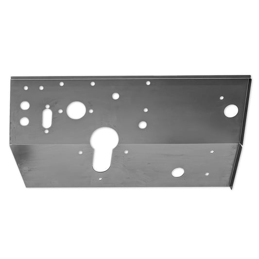 Black steel firewall panel with bolt holes and stamped ridges, driver side view