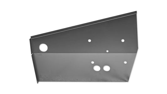 Black metal firewall panel with bolt holes, passenger side view