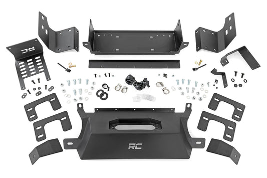 Black steel winch mount with mounting brackets for Ford Bronco, front view