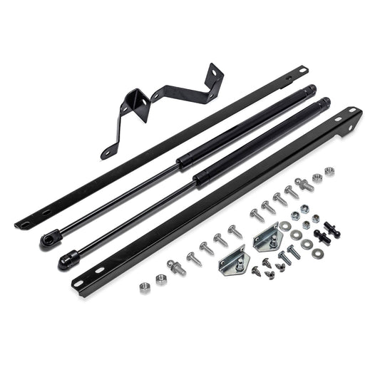 Steel hood prop kit with stiffening braces for Ford Bronco, side view