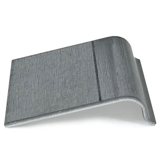 Bronze metal hood prop bracket with mounting holes, side view