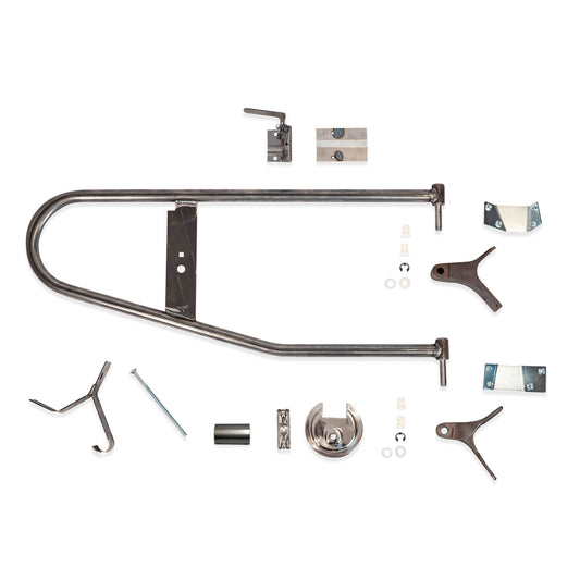 Black steel tire carrier with mounting hardware, side view