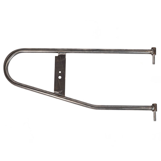 Black steel tire carrier loop with mounting holes for Ford Bronco, side view