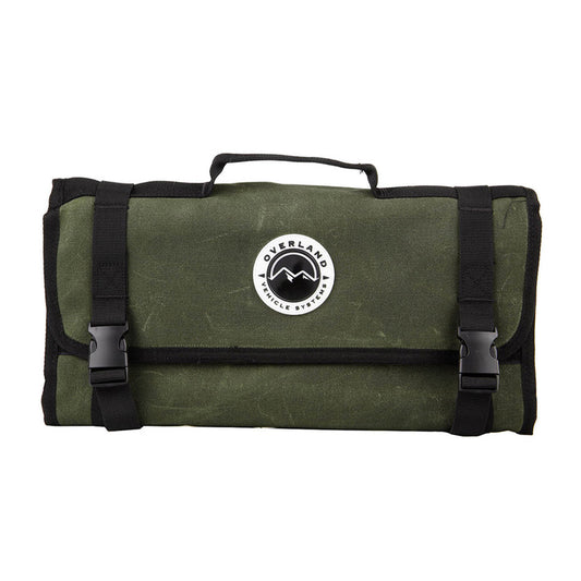 Green canvas first aid bag with roll-top closure and side carry handle, front view