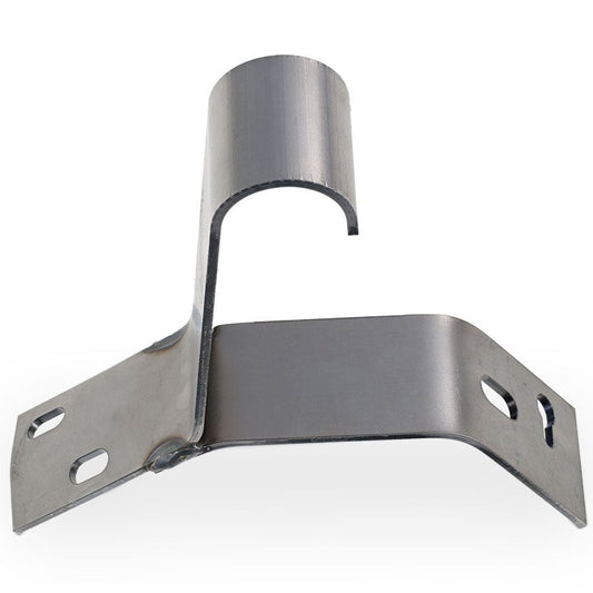 Black steel spare tire bracket with mounting bolts, side view