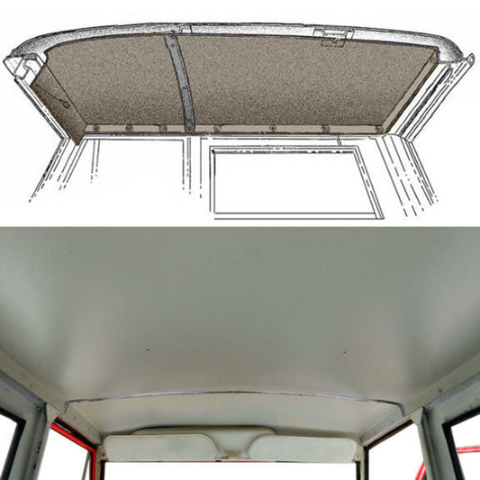 Beige parchment headliner for classic Ford Bronco, close-up showing textured vinyl material and moun