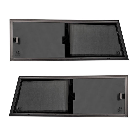 Bronze-framed slider windows with metal hardware, side view