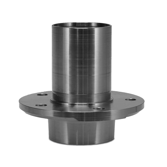 Silver front drum brake hub with mounting holes and lug studs, side view