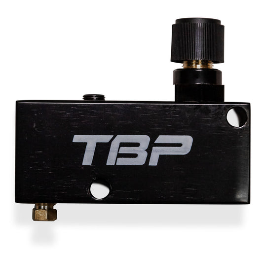Black adjustable disc brake valve with knurled dial and mounting bracket, front view