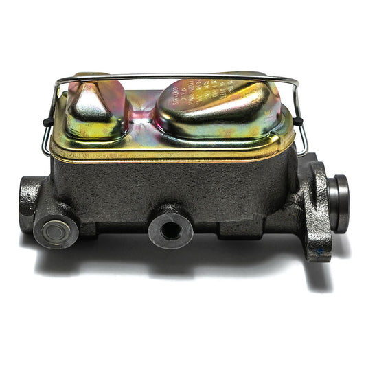 Silver brake master cylinder with dual reservoir and mounting bracket, front view
