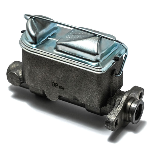 Silver brake master cylinder with dual reservoir and mounting bracket, front view
