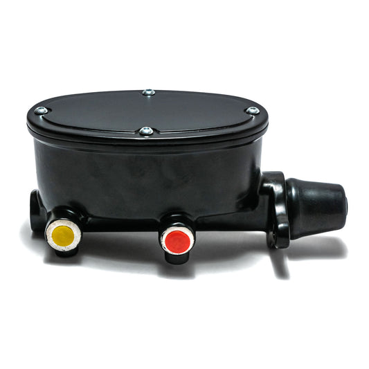 Black billet master cylinder with 1.25-inch bore for disc brakes, side view