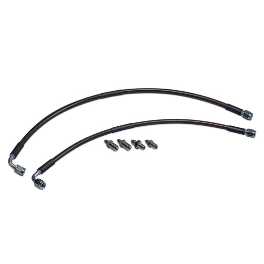 Braided stainless steel brake line kit for Ford Bronco, close-up of fittings and hoses