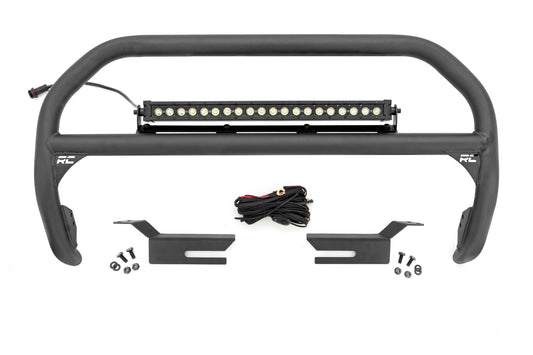 Black steel nudge bar with single-row LED light bar and white DRL, front view
