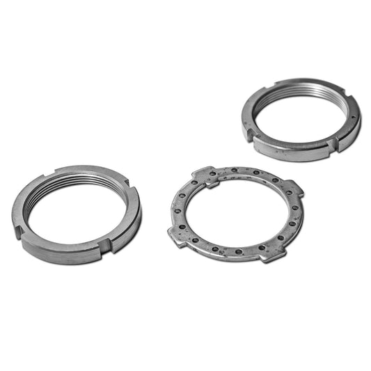 Silver spindle nut kit with threaded components for Dana 60 axle, front view