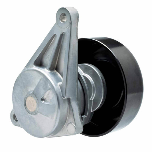 Silver metal belt tensioner assembly with pulley and mounting bracket, front view