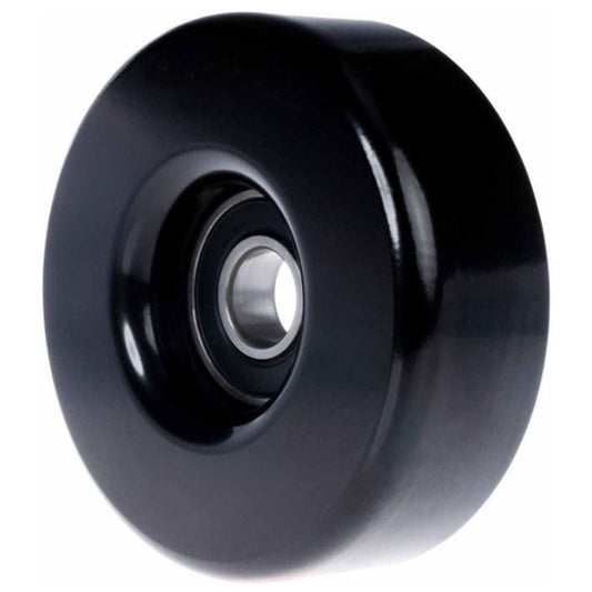 Metal tensioner pulley with ribbed surface and mounting bracket, front view
