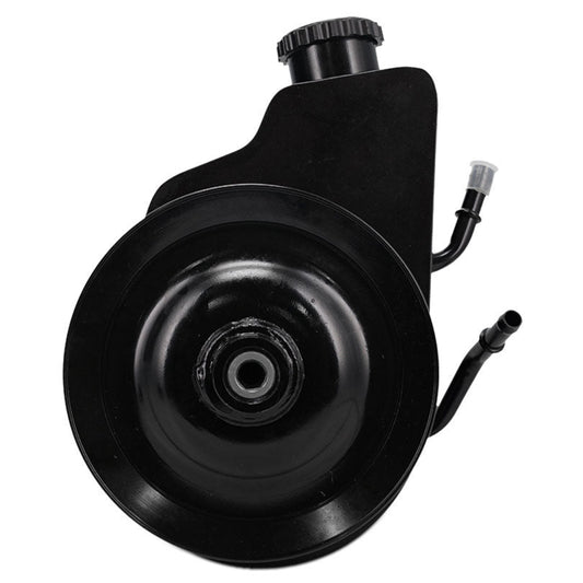 Silver power steering pump with dual return ports, side view