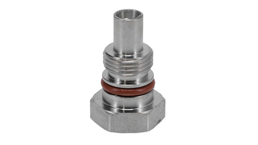 Metal power steering valve with threaded fittings, side view