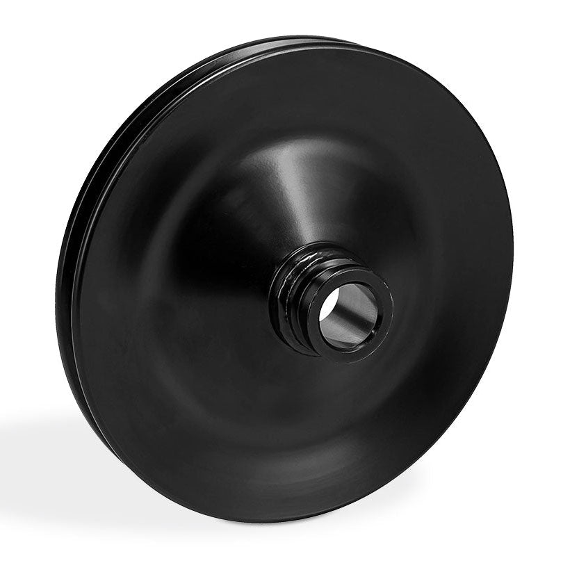 Chrome-plated power steering pump pulley with ribbed edges, front view