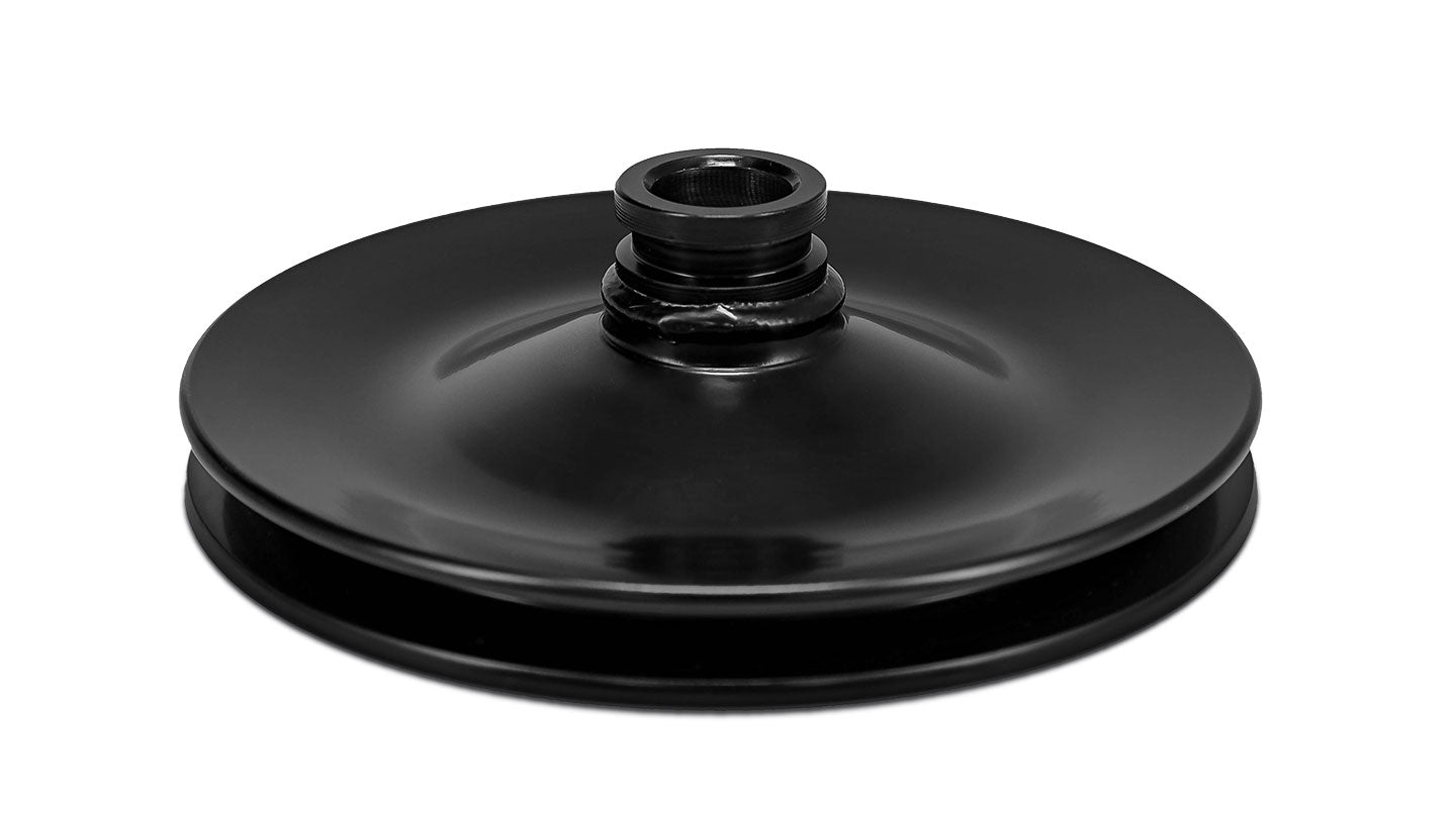 Silver metal power steering pump pulley with ribbed surface, side view