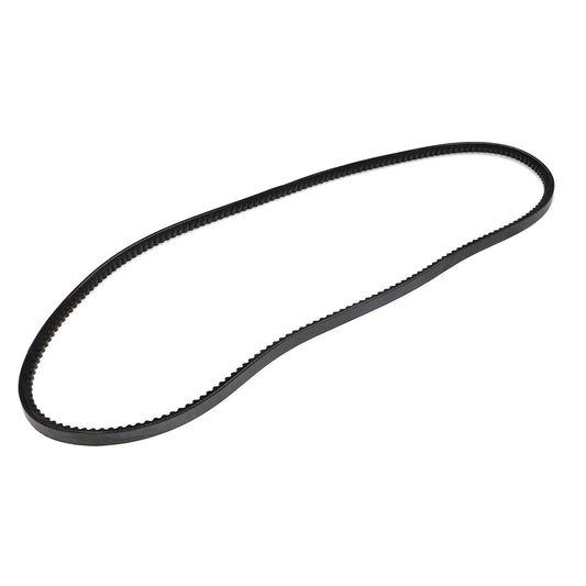 Black rubber power steering pump belt with ribbed texture, side view