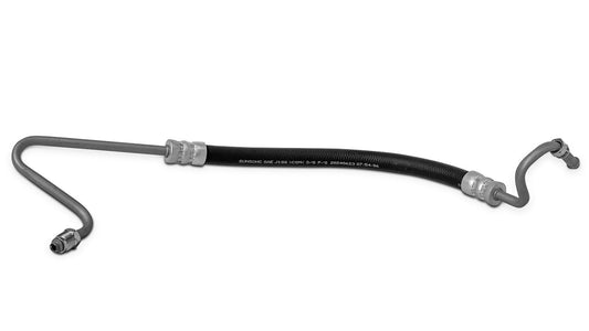 Black rubber power steering hose with O-ring fittings, close-up