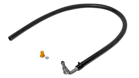 Black rubber power steering hose with O-ring fittings, side view