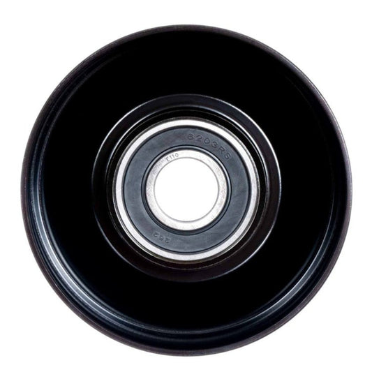 Silver metal idler pulley with ribbed belt surface, front view