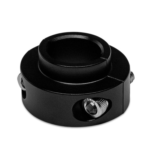 Polished aluminum steering column clamp with bolt holes, side view