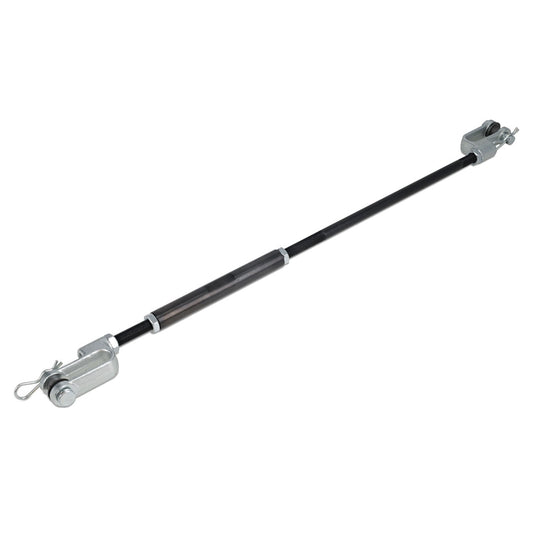 Black steel clutch push rod with bushings and clips, side view
