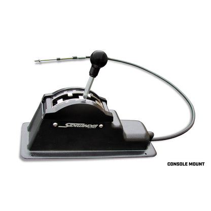 Polished aluminum floor shifter with black knob, side view
