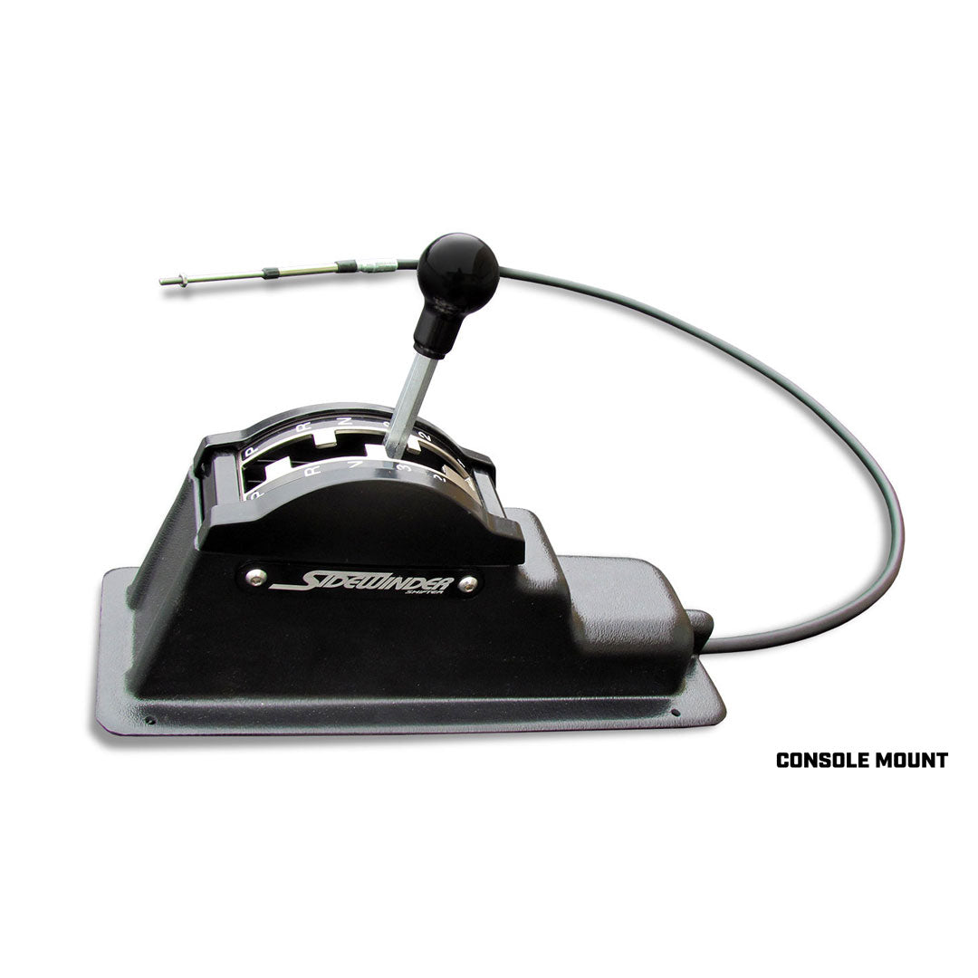 Black metal floor shifter with chrome knob and mounting bracket, side view