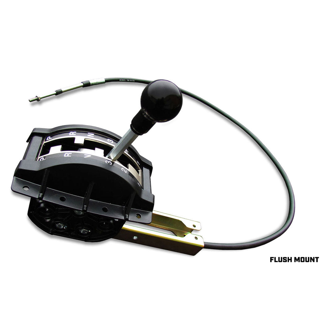Black floor shifter kit with chrome handle and linkage for automatic transmission, side view