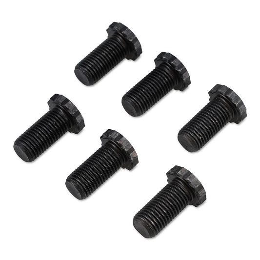 Set of six silver steel flywheel bolts for manual transmission, close-up view