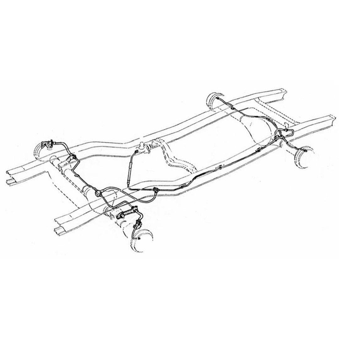 Stainless steel brake line set for Dana 30 axle, side view showing fittings and coiled tubing