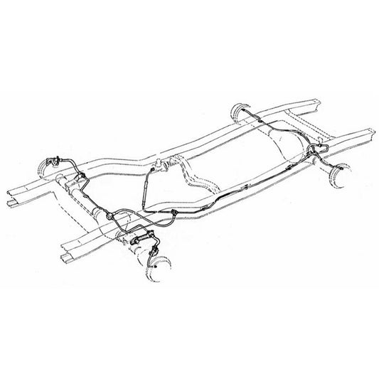 Stainless steel brake line set for Dana 30 axle, side view showing fittings and coiled tubing