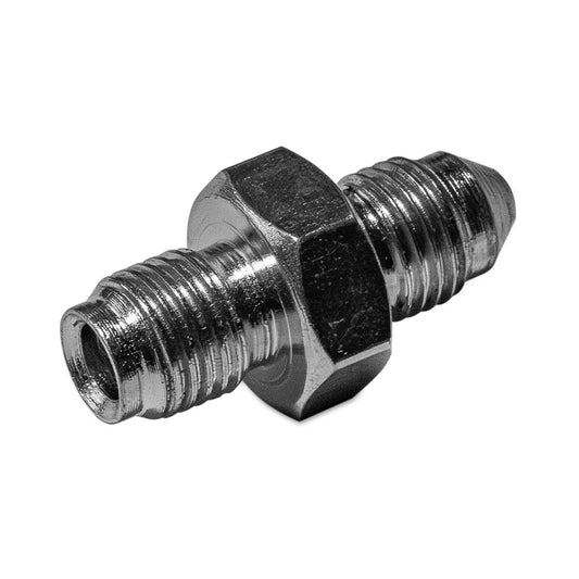 Steel AN to inverted flare adapter with 3/8-inch fittings, side view