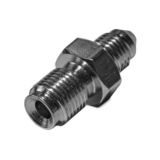 Steel AN to IFM flare adapter with brass fittings, close-up