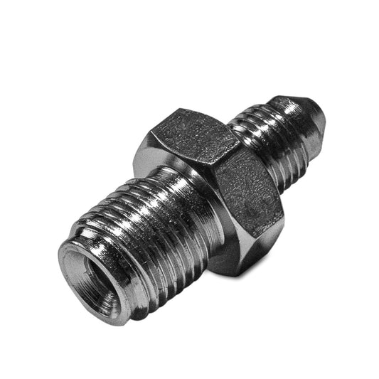 Steel AN to inverted flare adapter with 1/2-inch fittings, side view