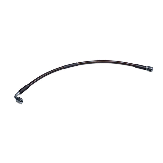 Stainless steel braided brake hose with PTFE lining and -03 AN fittings, close-up