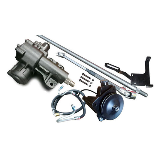Black power steering conversion kit with hoses, pump, and mounting brackets for 6-cylinder engines