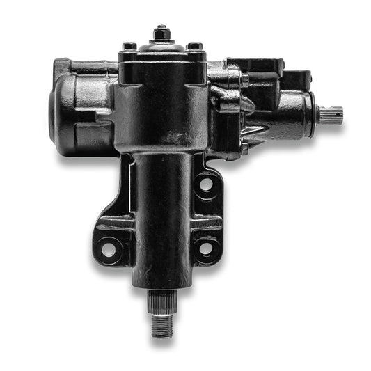 Black power steering conversion box with connected hoses, three-quarter view