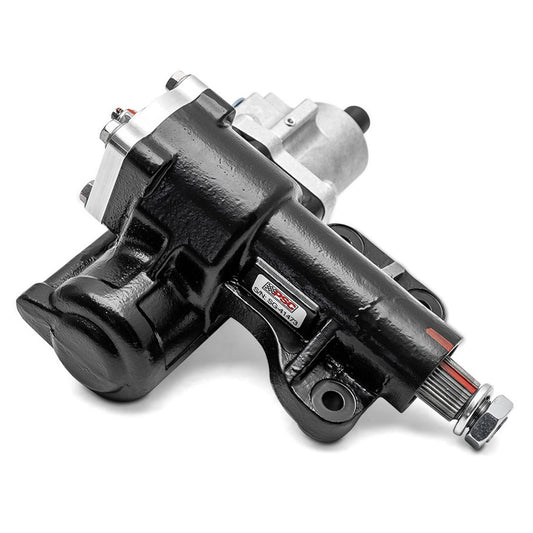 Black off-road steering gear box with cylinder assist, side view showing mounting hardware