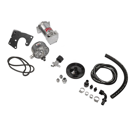 Black steering pump with metal fittings and mounting bracket, front view