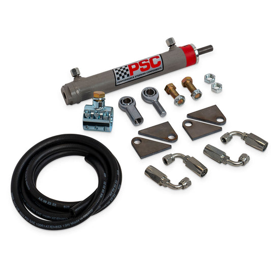 Black steering cylinder assist kit with mounting hardware, side view