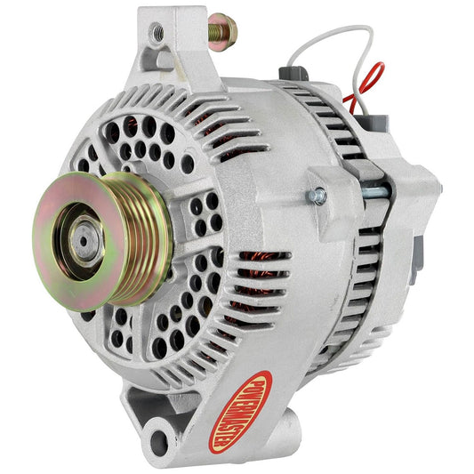 155 amp alternator with black casing and silver cooling fins, front view